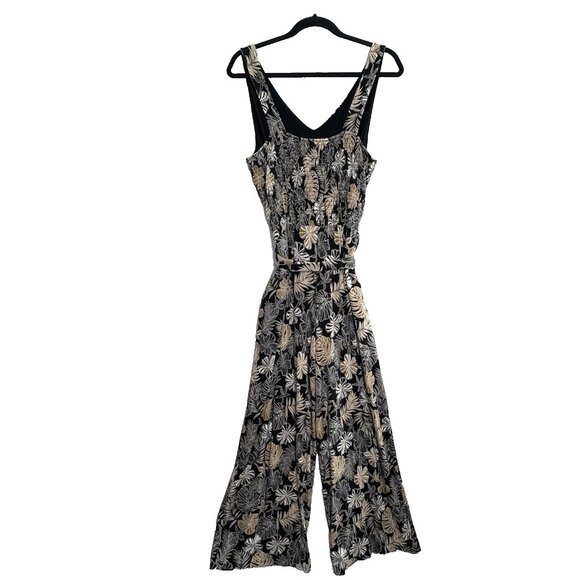 J JILL Wearever Women Plant Leaf Jumpsuit Wide Leg Sz MP Black Tan Gold 52-25 - Picture 3 of 15